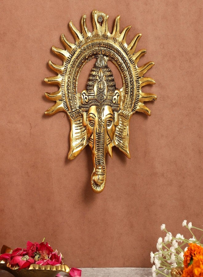 HEYEARTH Lord Ganesh Wall Hanging with Surya Chakra for Home Entrance,Ganesha Figurine,Lord Ganesha Idol Statue for Home Temple,Office,Gifts.Ganpati Ganesha Idol for Home Decor - Gold - 9 Inches - Image 2